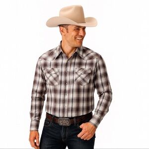 Ely Cattleman Men’s Western Pearl Snap Casual Shirt Size XXL Brown/Cream Plaid